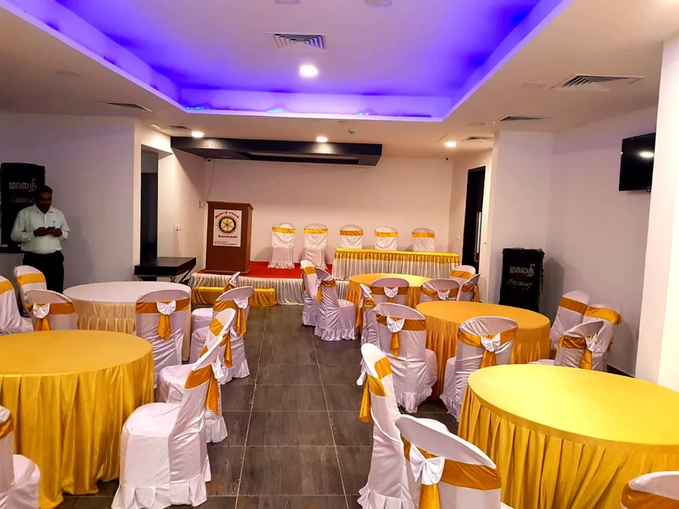 Banquet hall laid out for an event